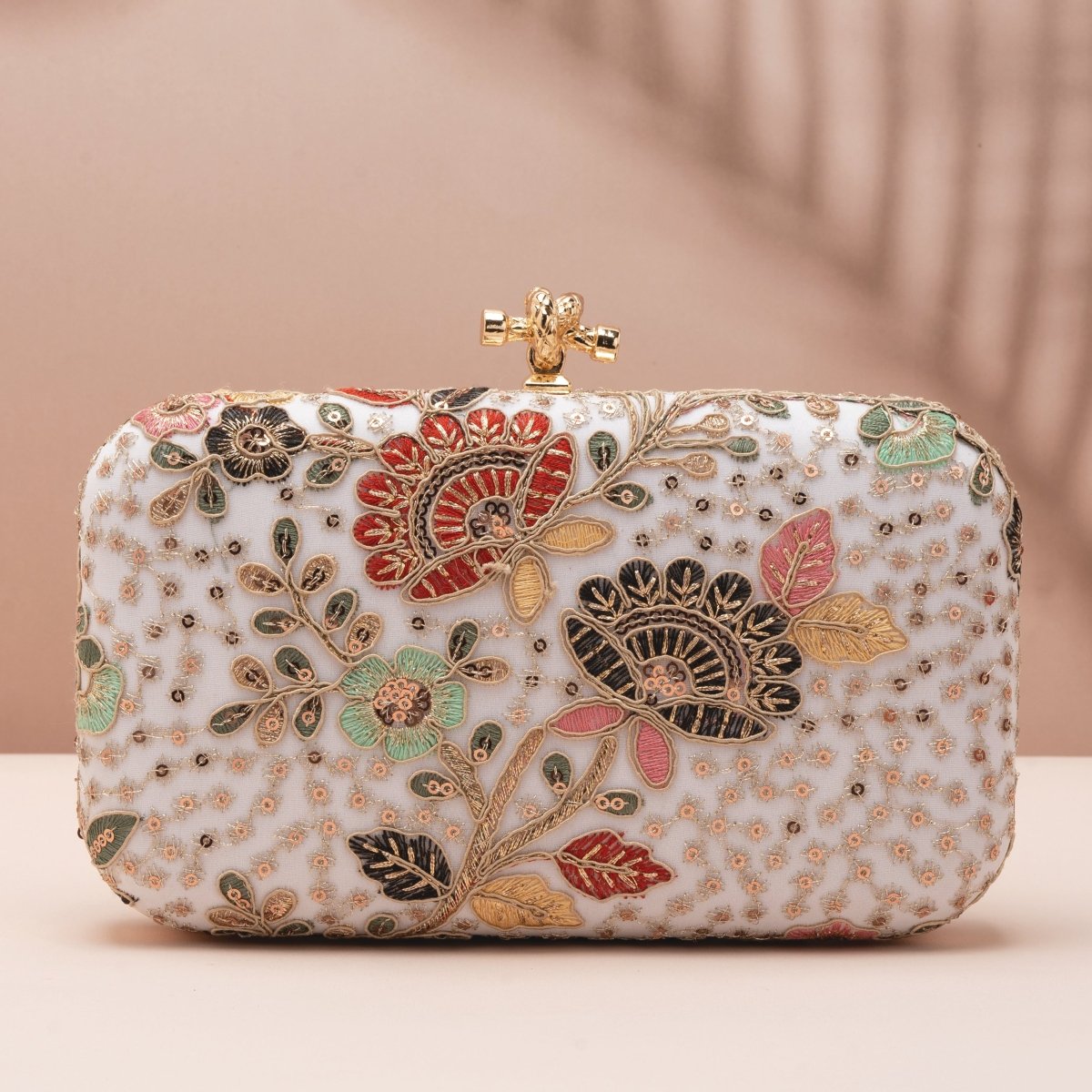 Artklim White Based Multicolored Threadwork And Sequins Embroidery Clutch