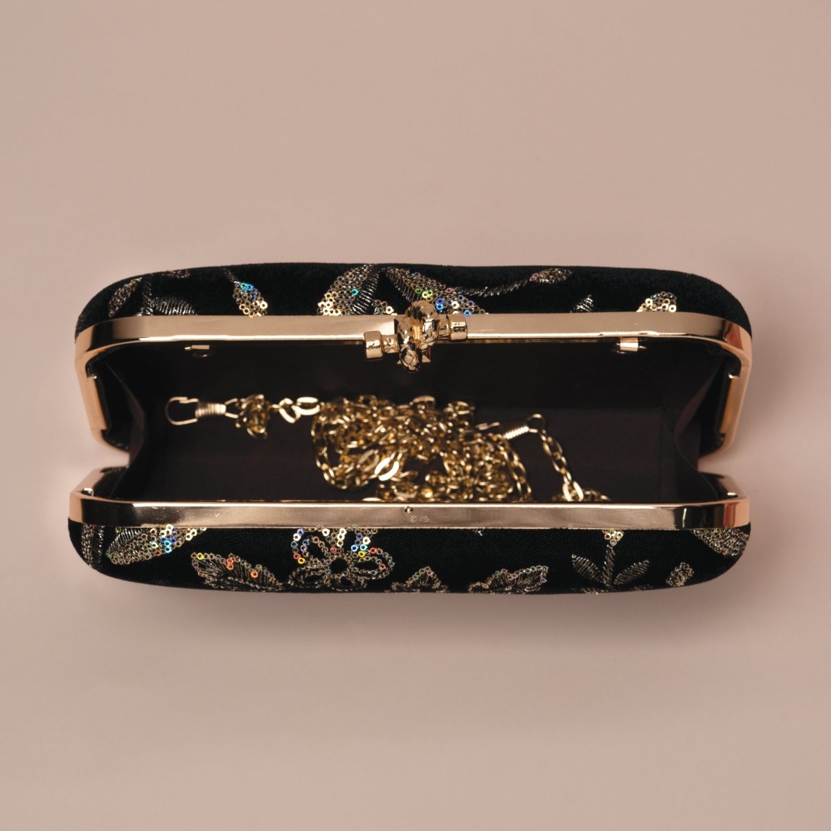 Artklim Black Based Floral Sequins Embroidery Fabric Clutch
