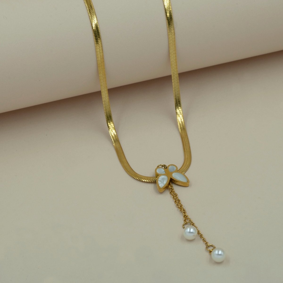 Artklim Gold Plated Butterfly And Pearl Hanging Necklace