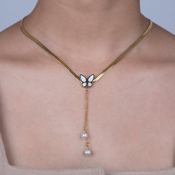 Artklim Gold Plated Butterfly And Pearl Hanging Necklace