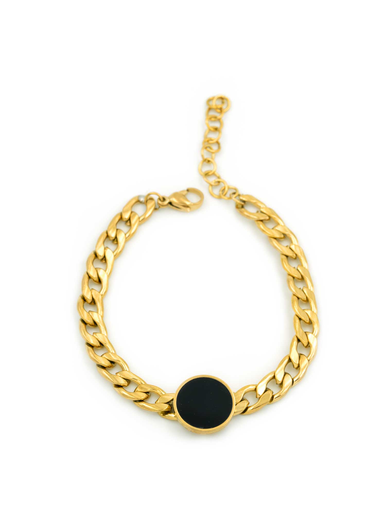 Artklim Gold Curb Chain Bracelet with Black Round Centerpiece