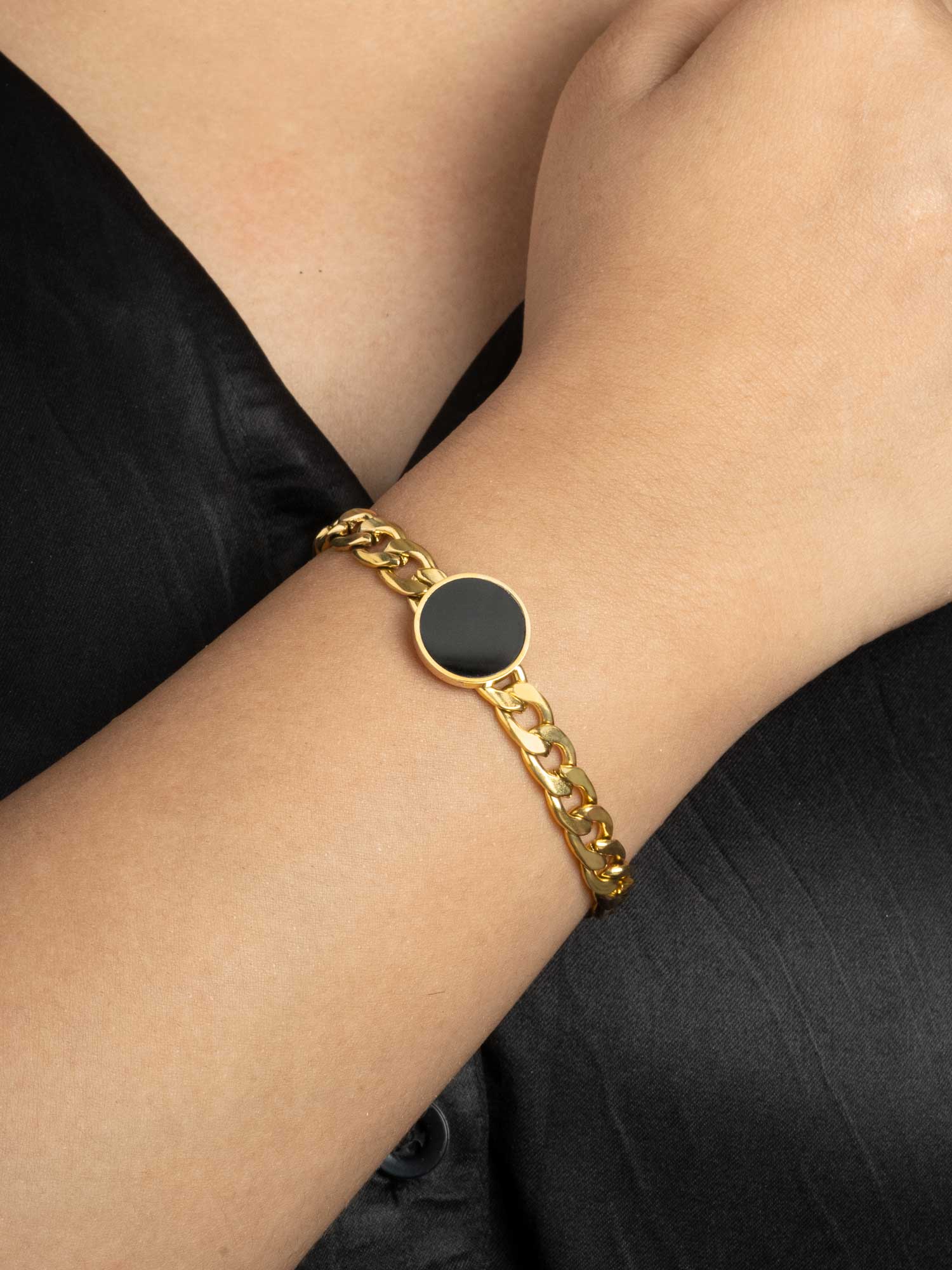 Artklim Gold Curb Chain Bracelet with Black Round Centerpiece