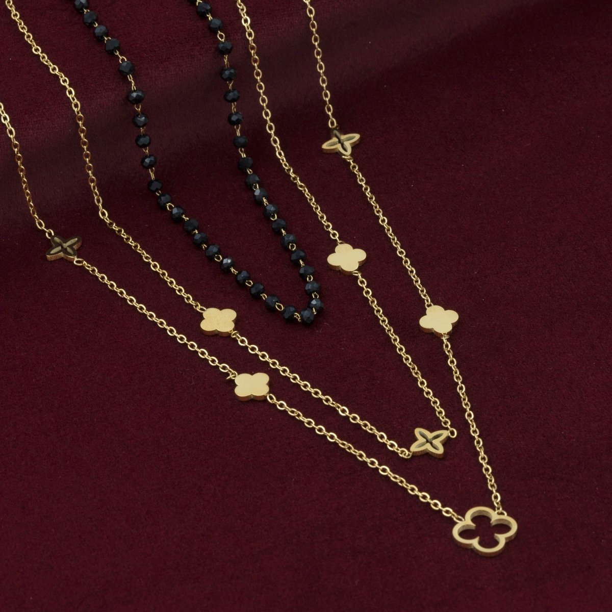 Artklim Gold Plated Elegant Clover And Bead Layered Necklace