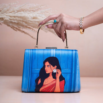 Artklim Blue Based Red Saree Women Portrait Printed Clutch