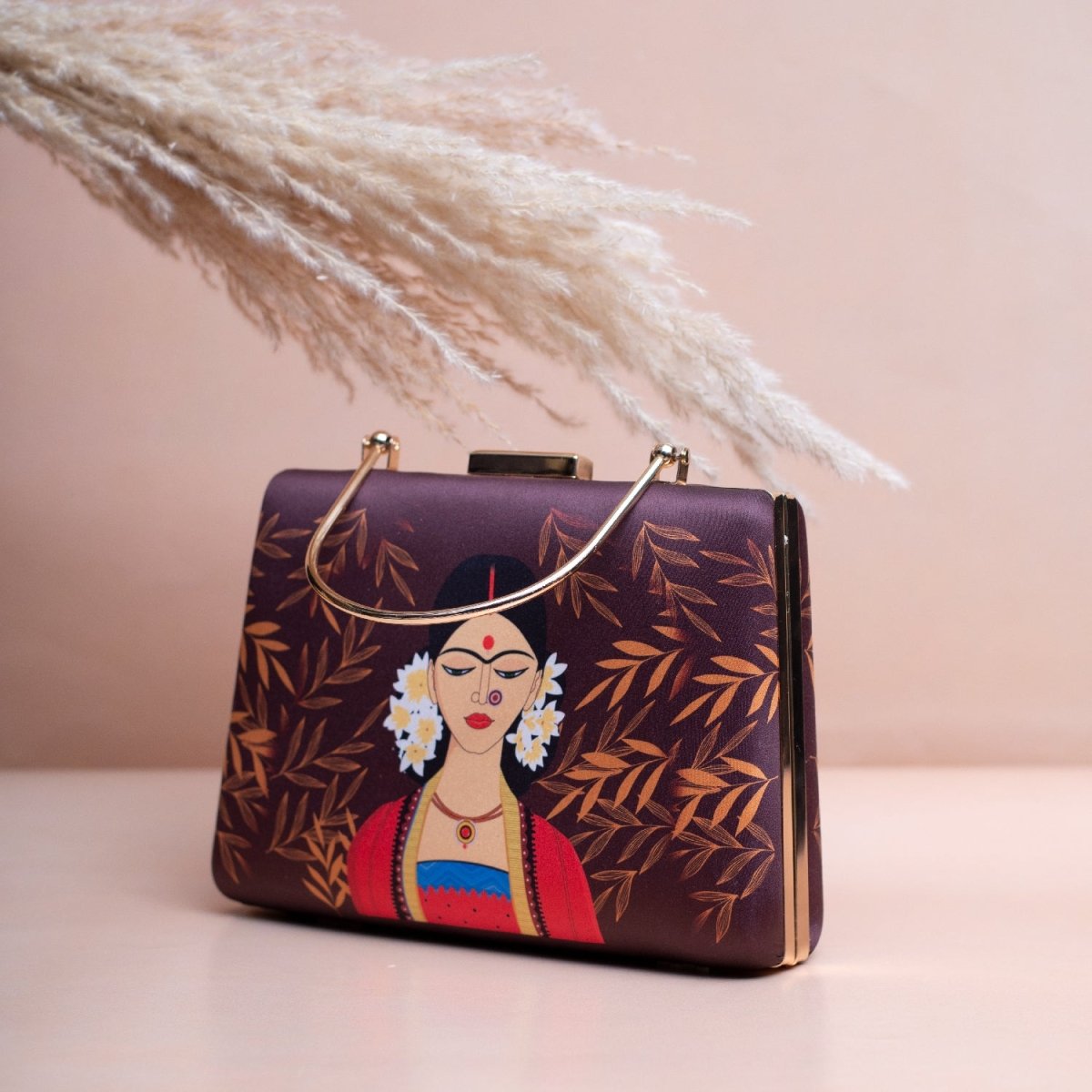 Artklim Brown Based Elegant Lady Portrait Printed Clutch