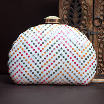 Artklim White Sequins Embroidered D-shape Clutch