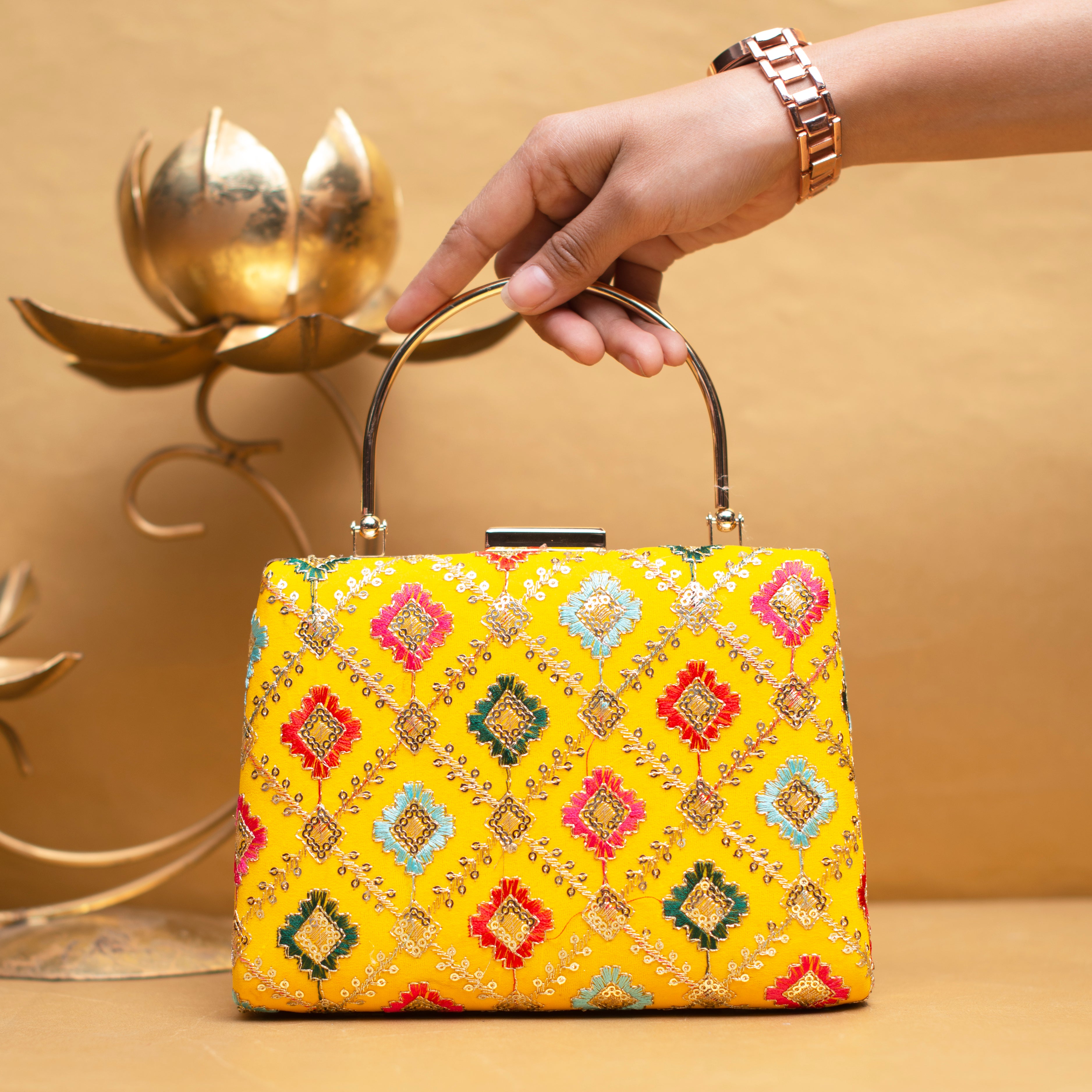 Yellow Sequins Embroidery Clutch