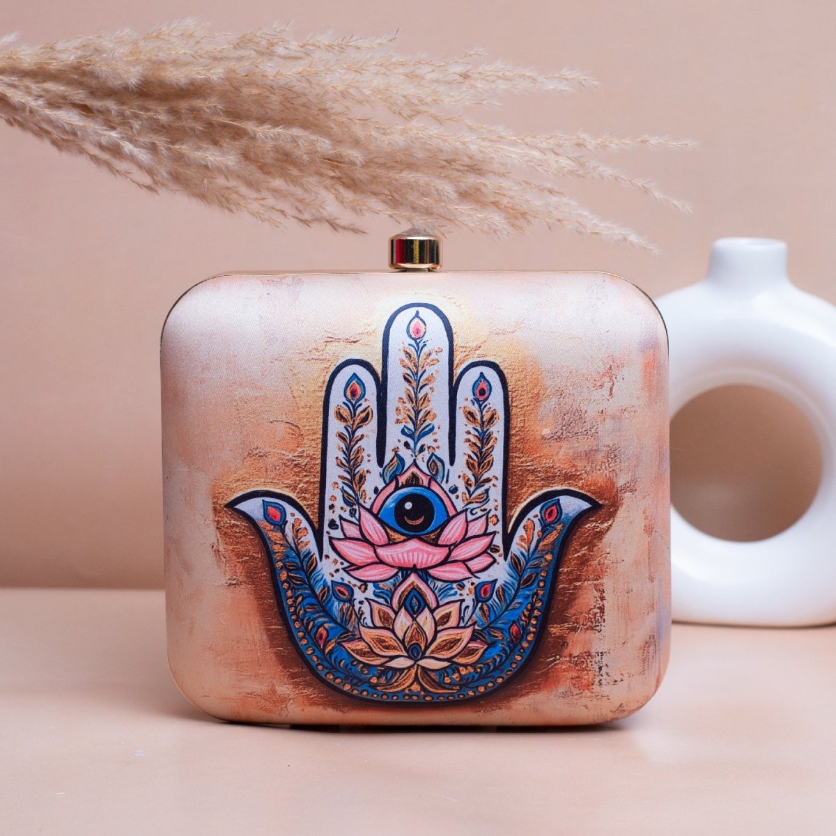 Artklim Beige Based Hamsa Hand Printed Clutch