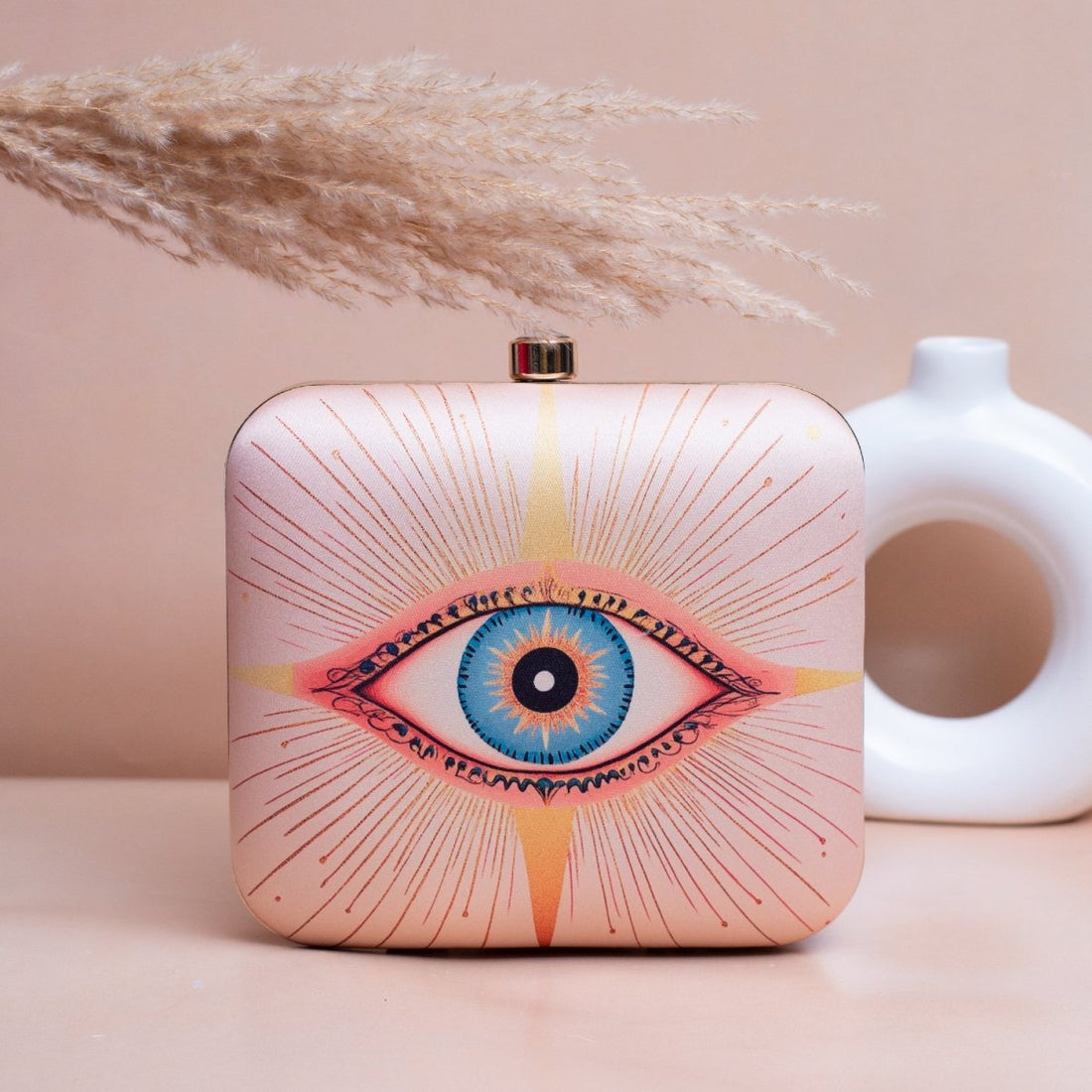 Artklim Beige Based Evil Eye Printed Clutch