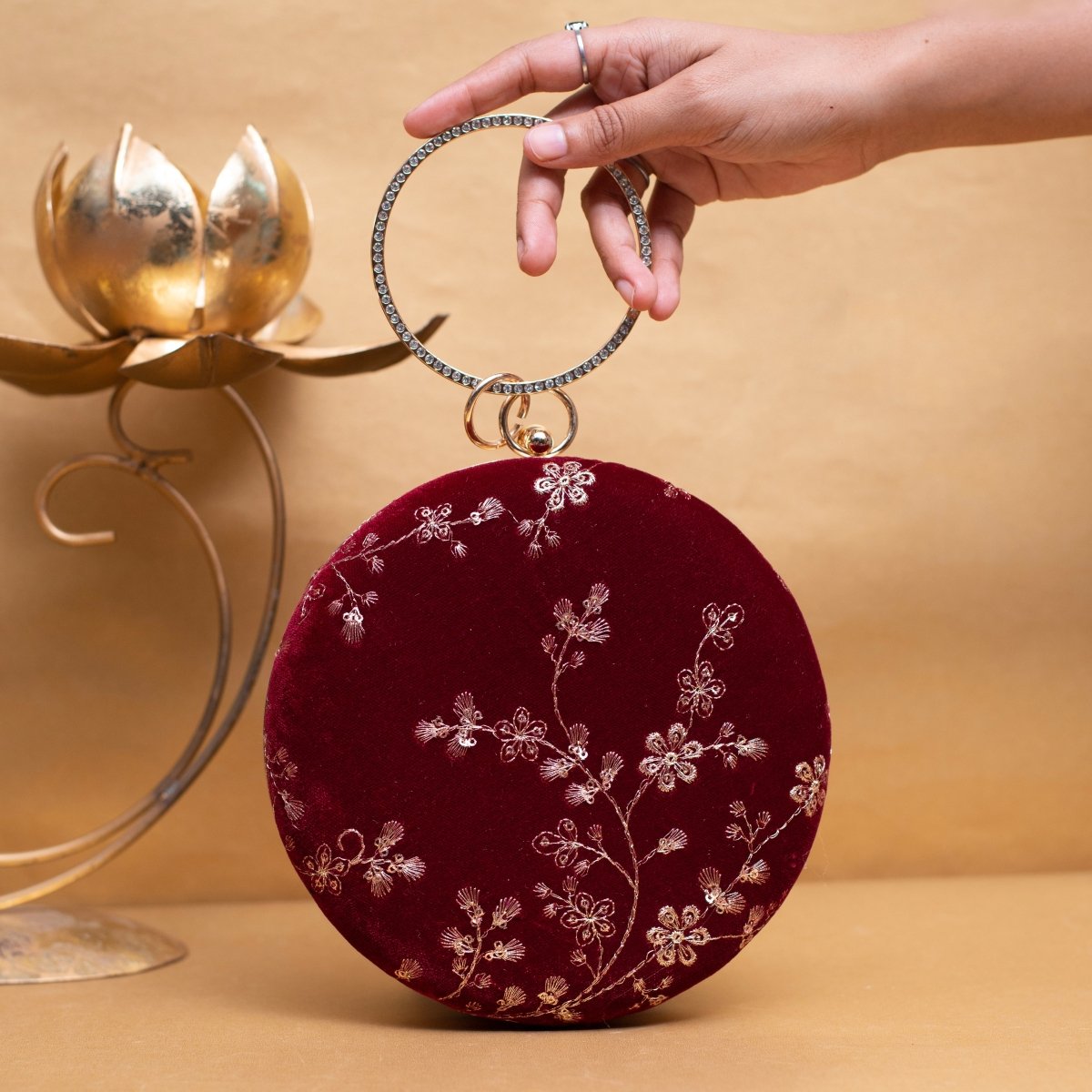 Maroon And Golden Embroidery Party Clutch