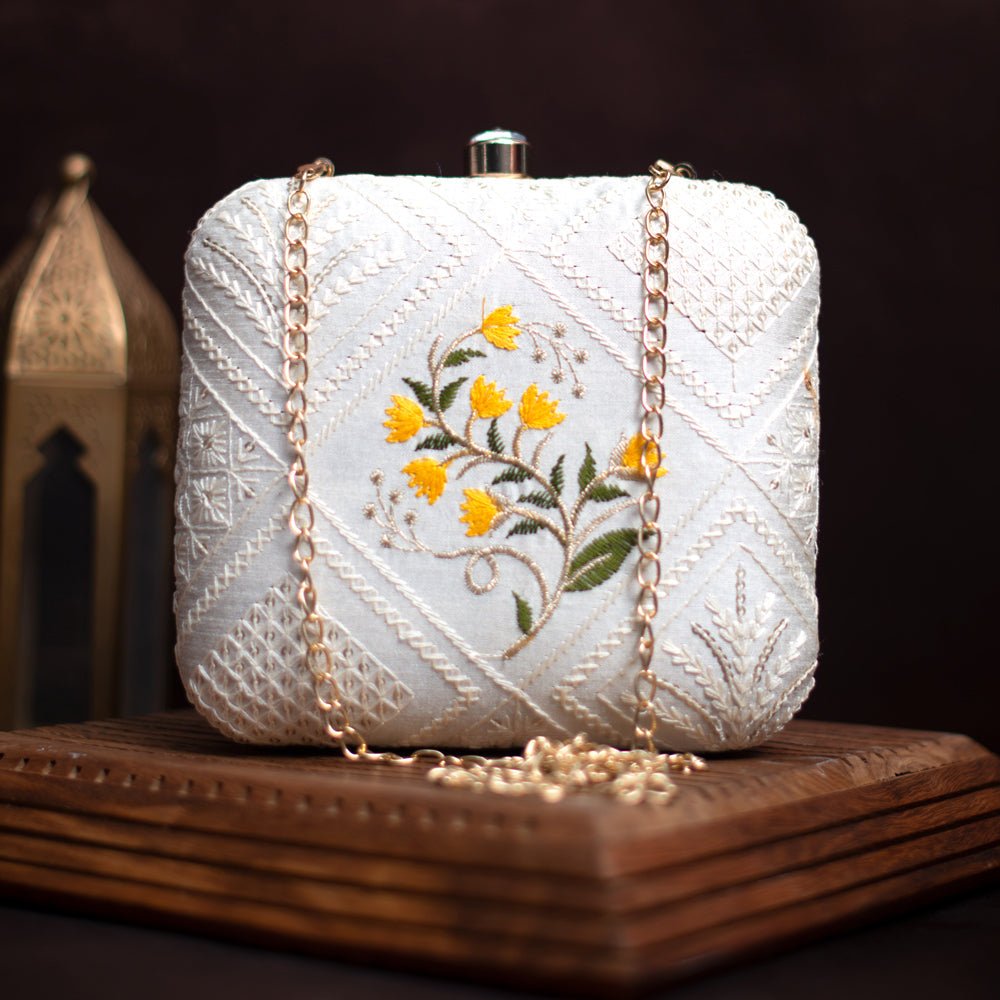 Artklim White And Yellow Floral Embroidery Clutch