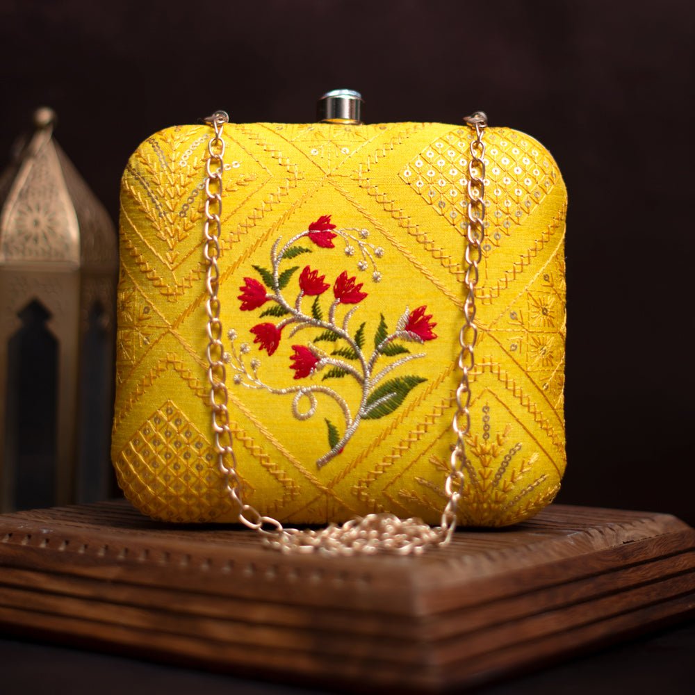 Artklim Yellow And Red Floral Embroidery Clutch