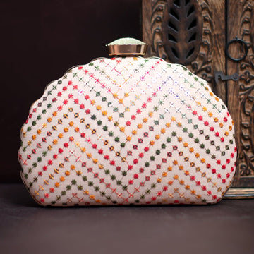 Artklim Beige Sequins Embroidered D-shape Clutch