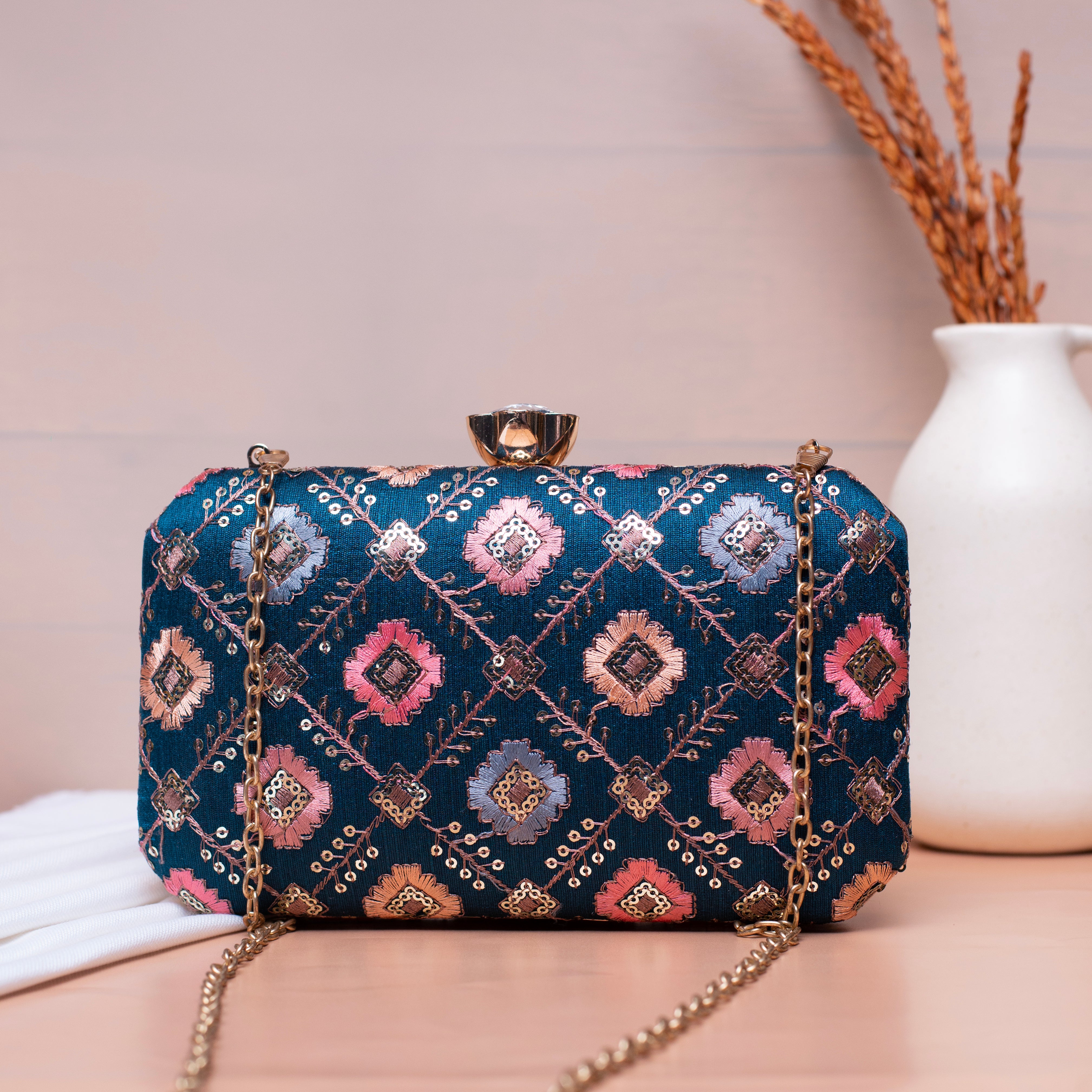 Jade Blue Sequins Rectangle Embroidery Clutch
