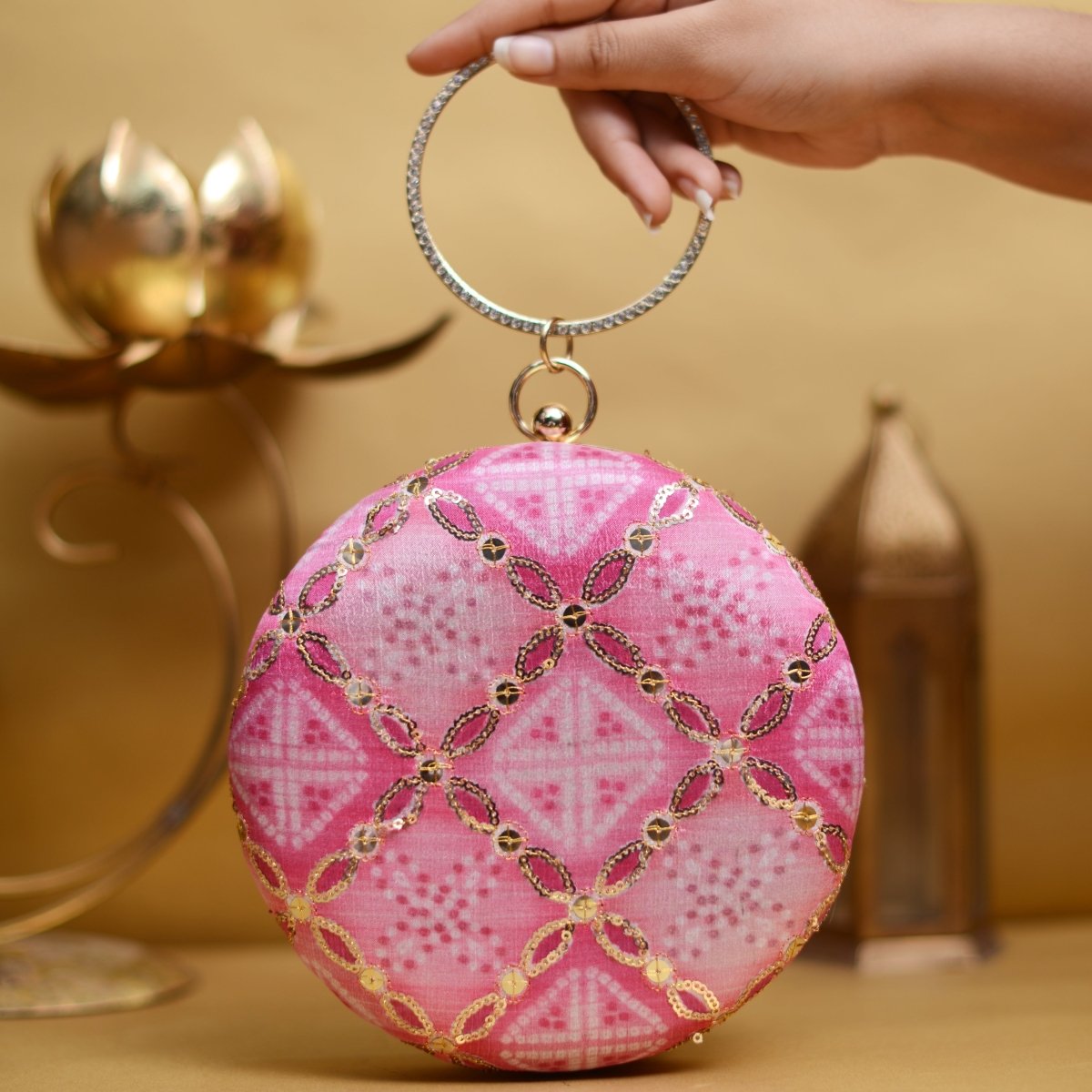 Artklim Pink And Golden Sequins Round Party Clutch