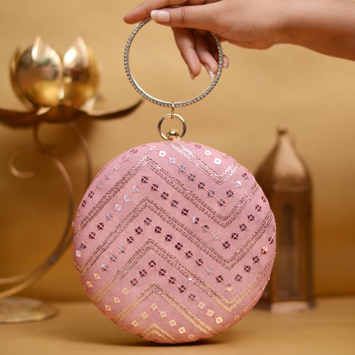 Artklim Peach Sequins Round Party Clutch