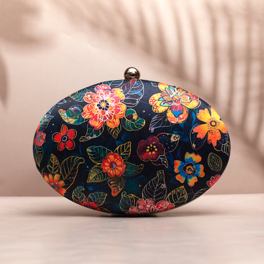 Black Floral And Leaves Printed Oval Clutch
