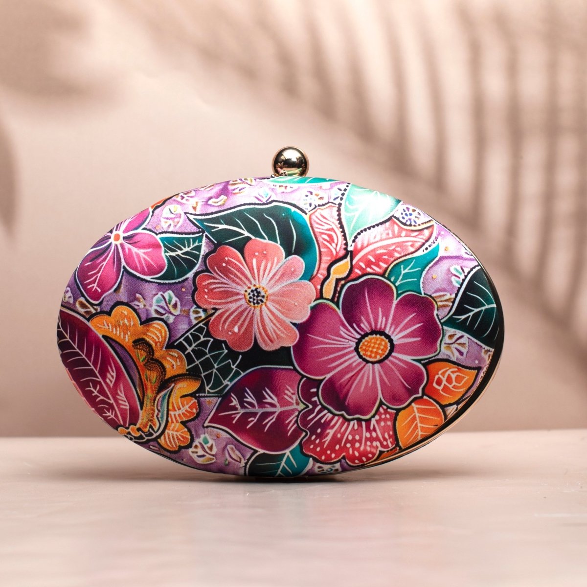 Pink Floral Printed Oval Clutch