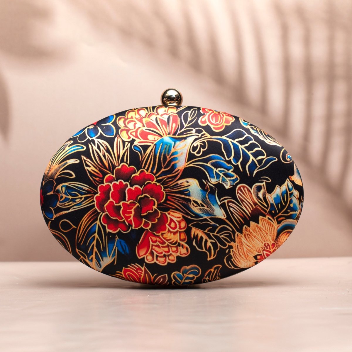 Red and Blue Floral Printed Oval Clutch