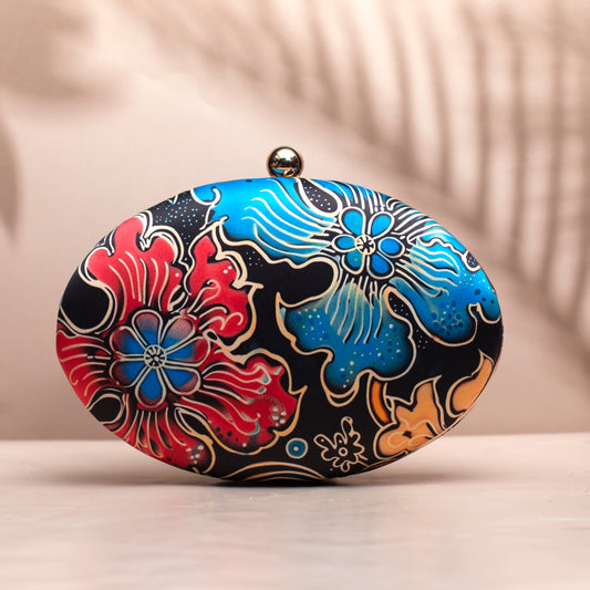 Blue And Red Floral Printed Oval Clutch