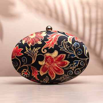 Red And Golden Floral Printed Oval Clutch