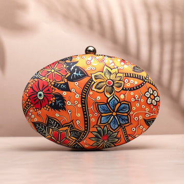 Orange Floral Printed Oval Clutch