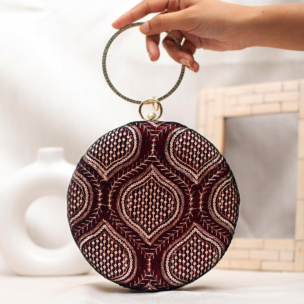 Maroon And Golden Sequins Embroidery Round Clutch