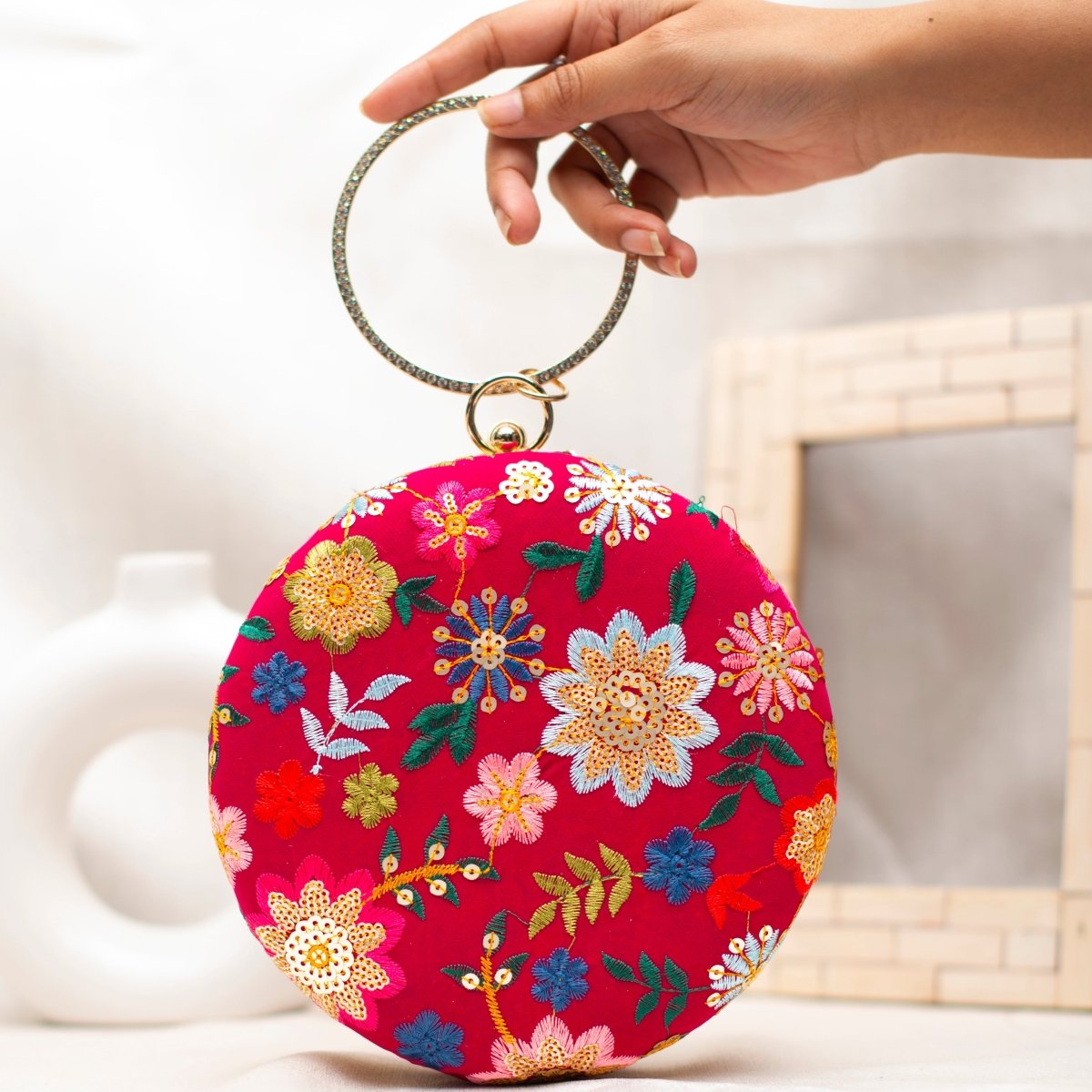 Red Floral Embroidery Round Clutch