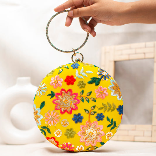 Yellow Floral Embroidery Round Clutch