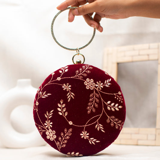 Maroon And Golden Embroidery Round Clutch