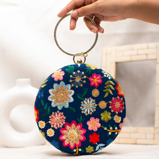 Blue Floral Embroidery Round Clutch