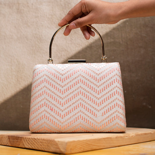 White And Rose Gold Zigzag Embroidery Clutch