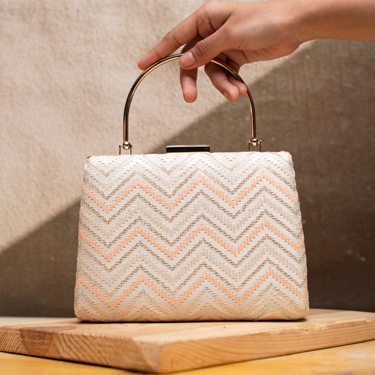 White And Peach Zigzag Embroidery Clutch