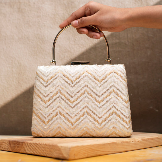 White And Golden Zigzag Embroidery Clutch