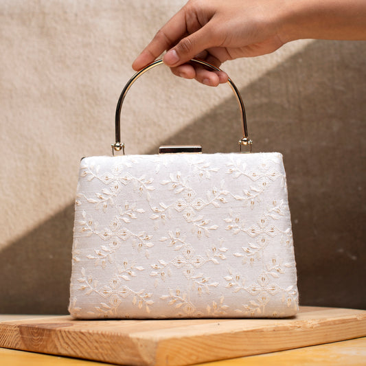 White Thread Embroidery Party Clutch
