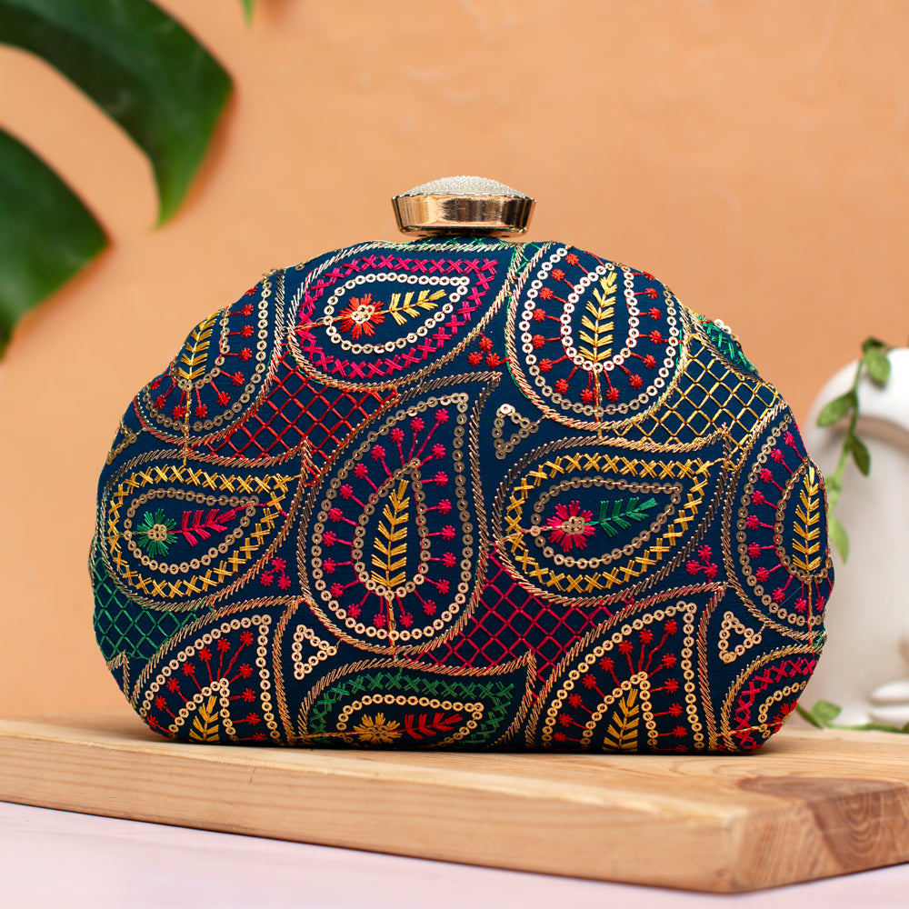 Multicolor Sequins Embroidery Half Moon Clutch