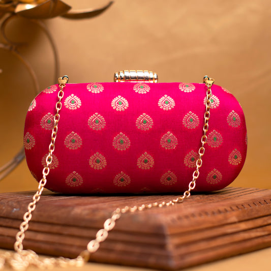 Pink Brocade Fabric Party Clutch
