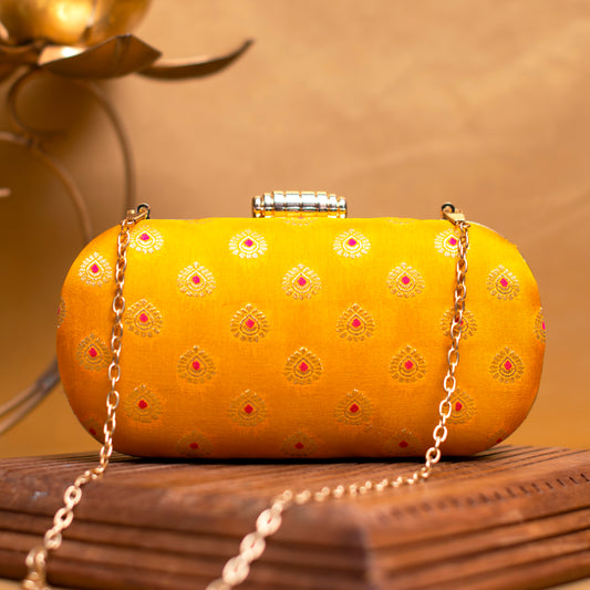 Yellow Brocade Fabric Party Clutch