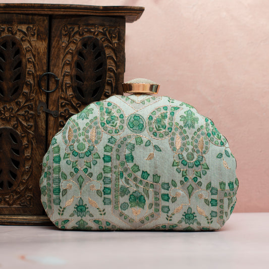 Green Floral Printed Golden Zari Embroidery Clutch