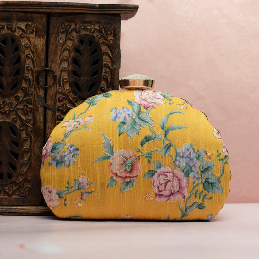 Yellow Floral Printed Zari Embroidery Clutch