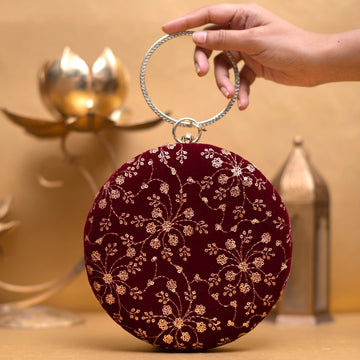 Maroon And Golden Sequins Embroidery Round Clutch