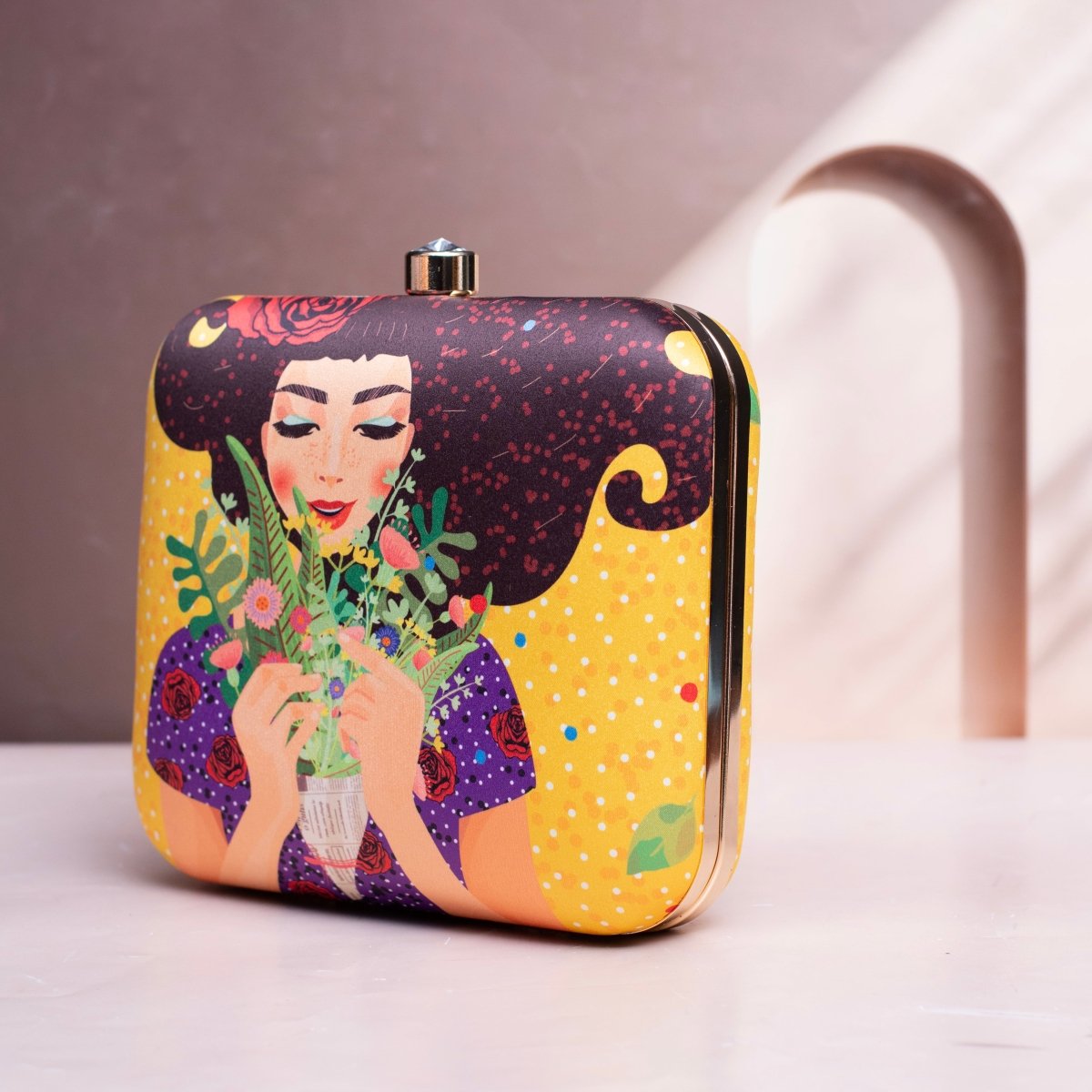 Fancy Floral Princess Printed Clutch on Bright Yellow Background