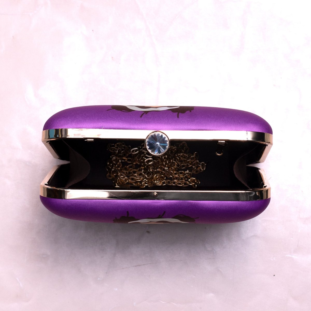 Glam Girl and Cat Printed Clutch With Vibrant Purple Background