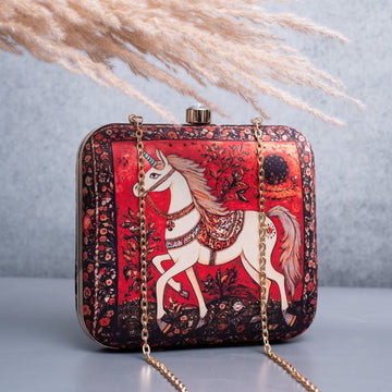 Artklim Red Based Unicorn Printed Clutch