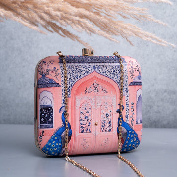 Artklim Light Pink Based Mughal Motif Printed Clutch