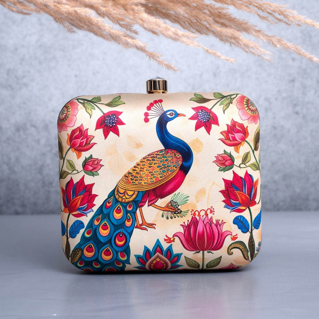 Artklim Biege Based Peacock Printed Clutch