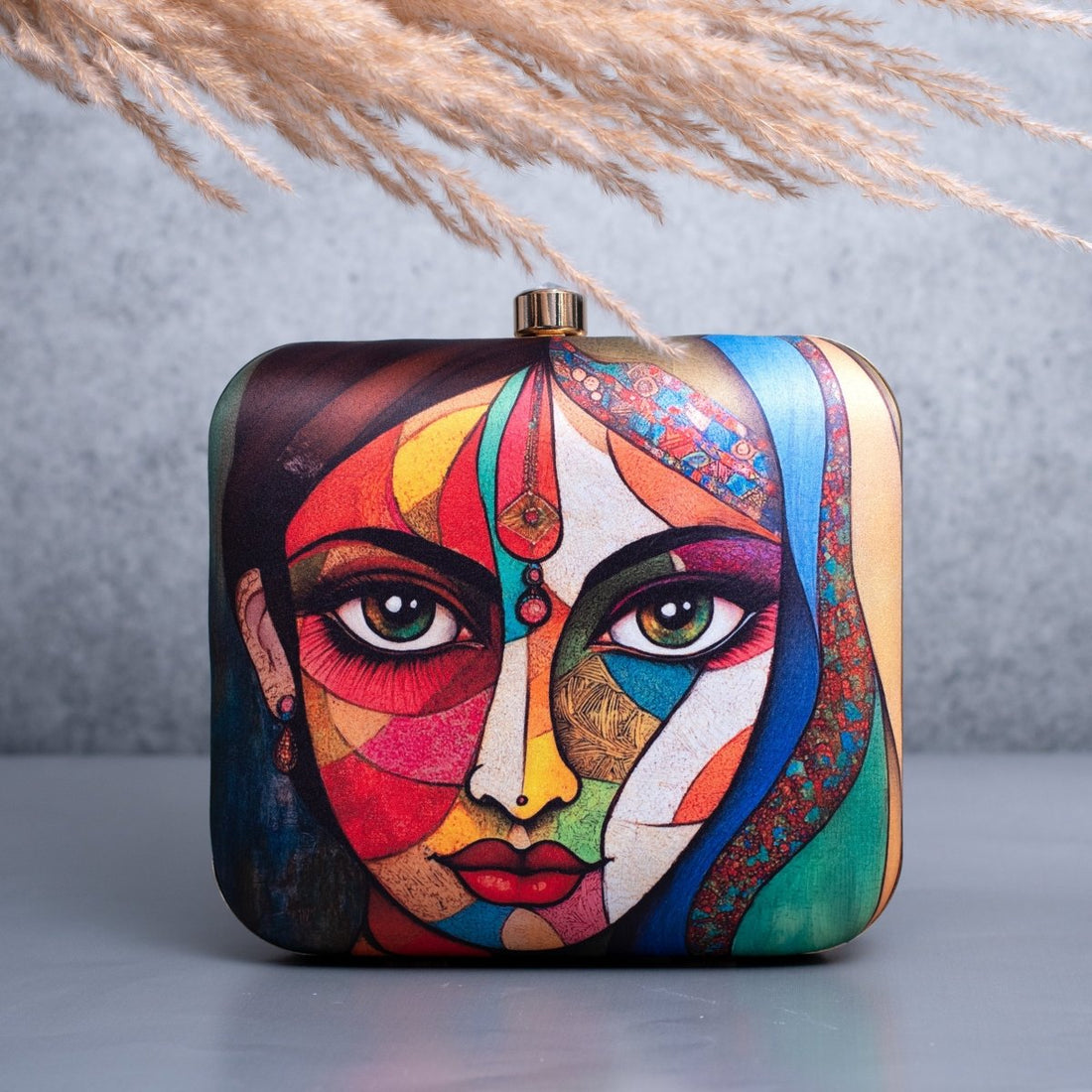 Artklim Multicolored Abstract Face Printed Clutch