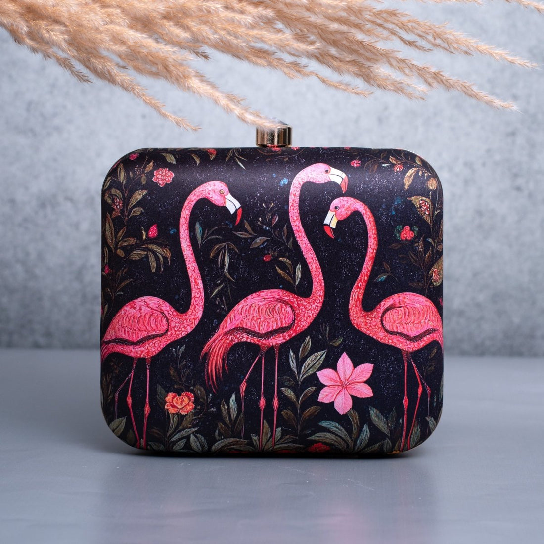 Artklim Black Based Pink Flamingo Printed Clutch