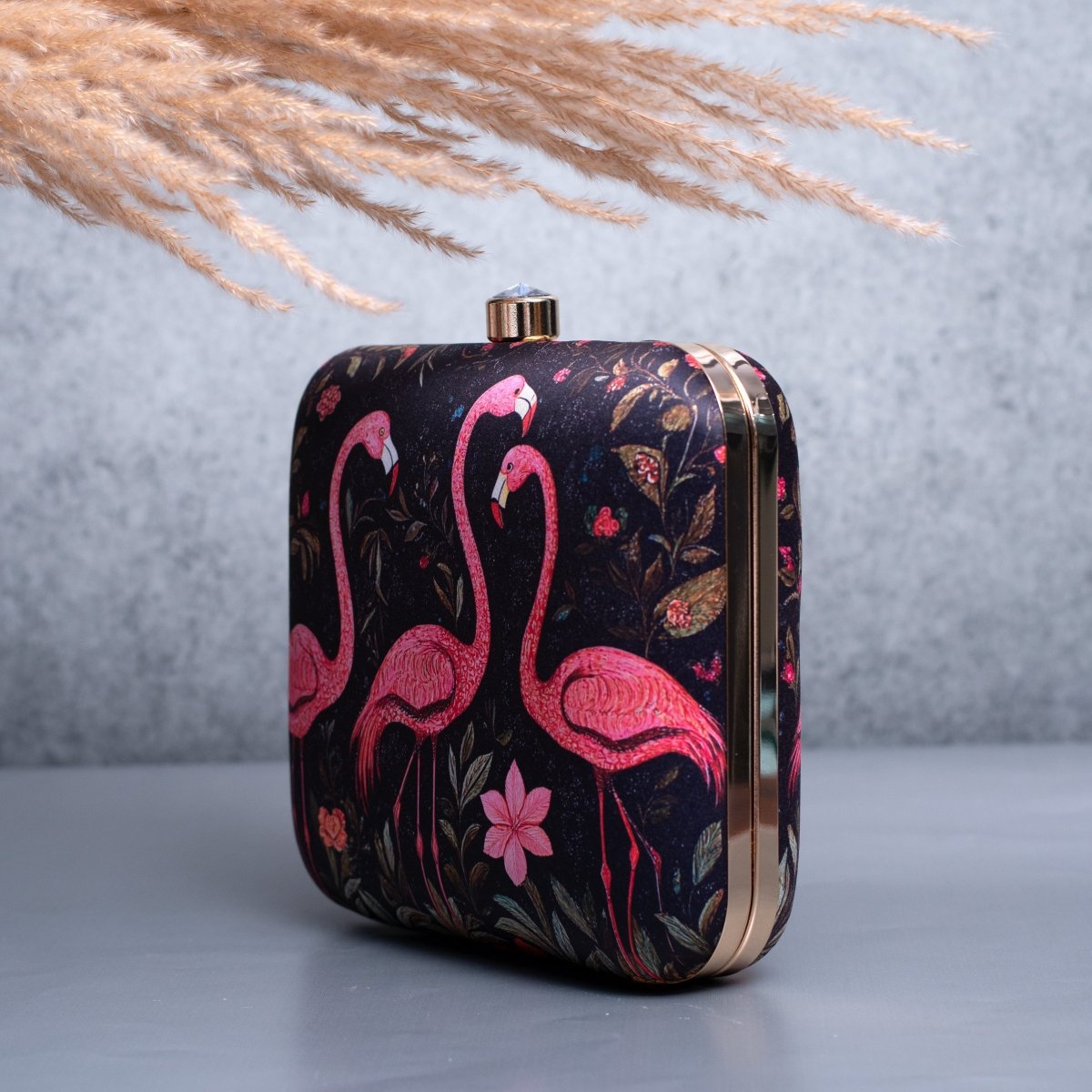 Artklim Black Based Pink Flamingo Printed Clutch