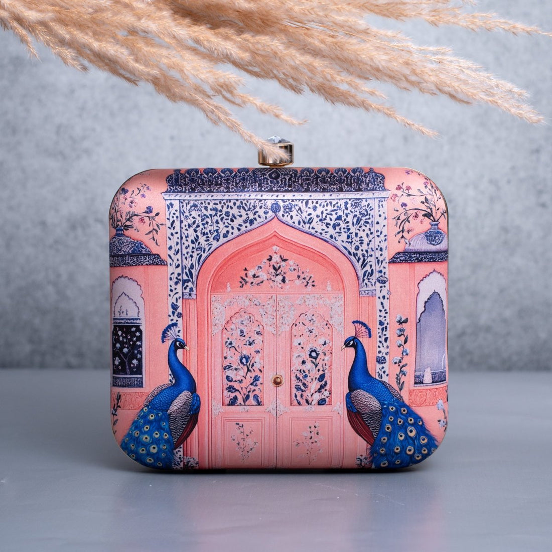 Artklim Light Pink Based Mughal Motif Printed Clutch